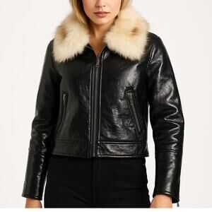 Unreal Fur Wet Look Aviator Jacket Black Faux Leather & Fur Collar Women’s S